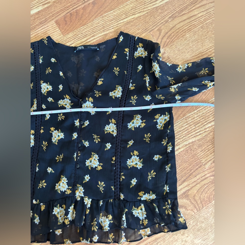 ZARA Sheer Floral Blouse Black Yellow White Long Sleeve Ruffle Hem Top - Picture 5 of 7